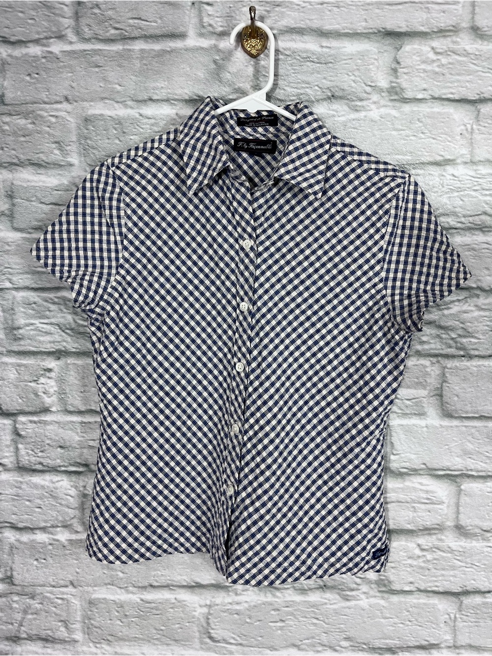 VTG Faconnable Size Small Blue & White Seersucker Plaid Button Up Collared Top - Picture 5 of 11